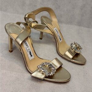 JIMMY CHOO Gold Metallic Crystal Buckle Ankle Strap Sandals SZ 35 Pre-Owned